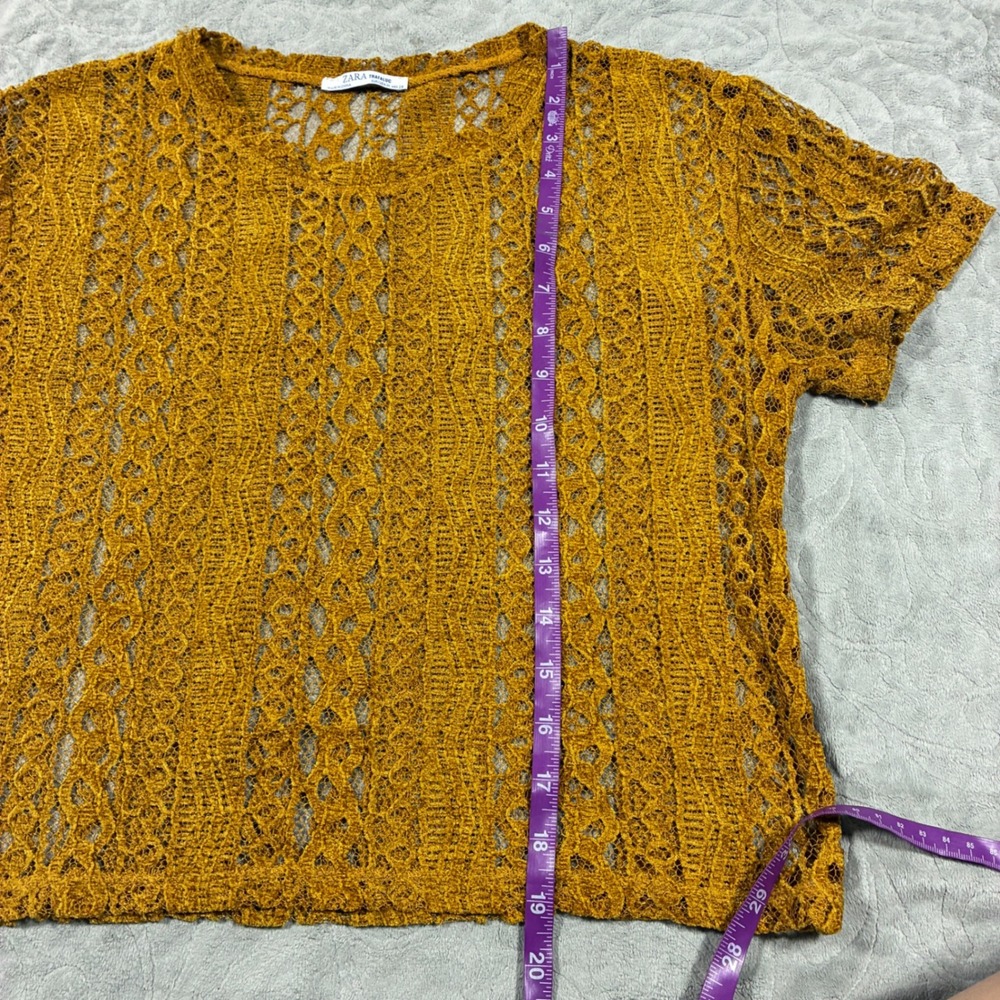 Zara Mesh Crochet Lace Short Sleeve Top Size M Gold Festival Layering Glam - Picture 7 of 8